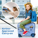 Kids' 45.72cm ride-on hardshell suitcase and 30.48cm backpack in blue with bee patterns, perfect for travel and school.