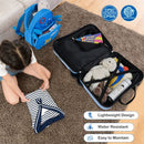 Kids' 2 PC luggage set with ride-on hardshell suitcase and backpack in blue, featuring lightweight design and water.