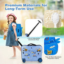 Kids' 2 PC luggage set in blue featuring a ride-on hardshell suitcase and bee-patterned backpack for easy travel.