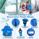 Bee-shaped blue backpack with plush wings and mesh bottle pocket, perfect for kids' travel and easy access.