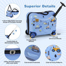 Ride-on hardshell suitcase with bee patterns and retractable handle, part of a 2 PC kids luggage set in blue.