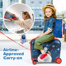 Ride-on hardshell suitcase with bee patterns and matching backpack, perfect for kids' travel and storage needs.
