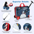 Kids ride-on hardshell suitcase with bee patterns and retractable handle, perfect for travel and school use.