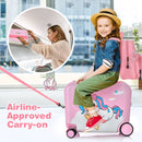 Ride-on pink hardshell suitcase with spinner wheels and matching backpack, perfect for kids' travel and school use.