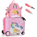 Kids' 2 PC luggage set featuring a pink ride-on hardshell suitcase and a backpack with bee design, ideal for travel.