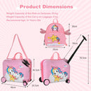 Ride-on hardshell suitcase and backpack set in pink, featuring bee patterns, ideal for kids' travel and schooling.