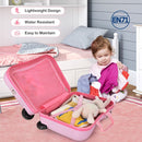 Kids' pink luggage set with spinner wheels, including a ride-on suitcase and backpack, perfect for travel and school.