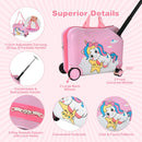 Kids' 2 PC luggage set in pink with ride-on hardshell suitcase and backpack, featuring fun bee patterns and spinner.