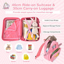 Pink 2 PC kids luggage set featuring a 46cm ride-on suitcase and 30cm backpack with ample storage for travel and school.
