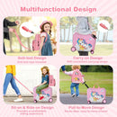 Ride-on pink hardshell suitcase and matching backpack set for kids, featuring anti-lost design and spacious storage.