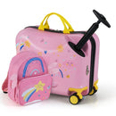 Light pink 2 PC kids luggage set featuring a ride-on suitcase and a backpack with bee patterns for fun travel.