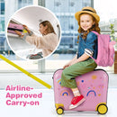 Light pink kids' luggage set with ride-on suitcase and backpack, perfect for travel and storage convenience.