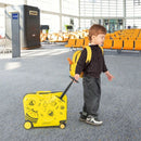 Kids ride-on hardshell suitcase and backpack set in yellow with bee patterns, perfect for travel and school.