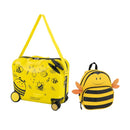 Kids' 2 PC luggage set featuring a yellow ride-on suitcase with bee patterns and a matching bee-shaped backpack.