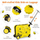 Kids ride-on hardshell suitcase in yellow with bee design, featuring adjustable handle and spinner wheels for easy.