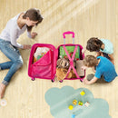Children packing a pink carry-on hardshell suitcase and backpack set, featuring durable ABS material, for travel fun.