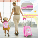 Children's 2-piece carry-on luggage set in peach red with unicorn design, featuring a hardshell suitcase and backpack.