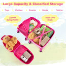 Children's carry-on hardshell suitcase in peach red with zippered pocket and cross straps, ideal for organized travel.