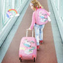Pink hardside rolling suitcase with spinner wheels and matching backpack, perfect for kids' travel and outdoor.