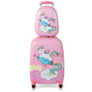 Pink hardside rolling suitcase featuring a unicorn design, ideal for kids' travel with spinner wheels and retractable.