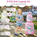 Kids' pink hardside rolling suitcase and backpack set with adjustable handle and quiet wheels, perfect for travel.