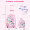 Hardside pink rolling suitcase with unicorn design, retractable handle, and dimensions for kids' travel essentials.