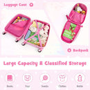 Pink hardside rolling suitcase with spinner wheels and compartments, perfect for kids' travel organization.