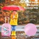 Pink hardside rolling suitcase with cute unicorn design, water-resistant, perfect for kids' travel and outdoor.