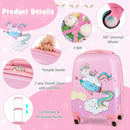 Pink hardside rolling suitcase with unicorn design, 360° spinner wheels, and retractable handle for kids' travel.