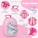 Pink kids' backpack featuring a unicorn design, adjustable shoulder strap, and portable handle for easy travel.