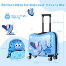 Kid luggage set featuring an 18" ride-on hardshell suitcase and a 12" backpack, perfect for travel adventures.