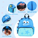 Blue kids' backpack with safety buckle, adjustable straps, and side cup pocket for organized travel.