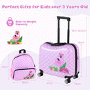 Kid luggage set featuring an 18" ride-on suitcase and 12" backpack in pink flamingo design, perfect for travel.