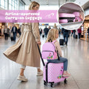 Kid luggage set featuring an 18" hardshell suitcase and 12" backpack, designed for fun travel with spinner wheels.