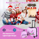 Kid luggage set featuring a pink flamingo design, includes an 18" hardshell suitcase and a 12" backpack for travel.