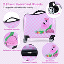 Flamingo-themed 18" hardshell suitcase with spinner wheels, foldable footrests, and portable handle for kids' travel.
