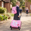 Pink unicorn-themed 18" hardshell suitcase and 12" backpack set, perfect for kids' travel adventures.