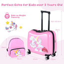 Pink 2-piece kids' luggage set featuring a ride-on 18" hardshell suitcase and 12" backpack with unicorn design for.