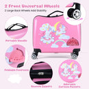 Kid's 18" hardshell suitcase with unicorn design, spinner wheels, and foldable footrests for fun travel adventures.