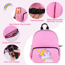 Unicorn-themed 12" backpack with adjustable straps, safety buckle, and side cup pocket for kids' travel adventures.