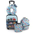 5-piece kids luggage set in blue featuring suitcase, backpack, lunch bag, neck pillow, and name tag for travel.