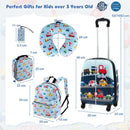 5-piece kids luggage set in blue includes suitcase, backpack, neck pillow, and lunch bag for fun and organized travel.