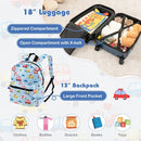 Kids 5-piece luggage set in blue includes a suitcase, backpack, lunch bag, neck pillow, and name tag for travel.