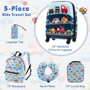 5-piece kids luggage set in blue includes hardside suitcase, backpack, lunch bag, neck pillow, and name tag for travel.