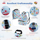 Kids backpack from the 5-piece luggage set in blue with car pattern, featuring adjustable straps and a portable handle.