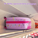 18" pink kids carry-on luggage with playful designs, ideal for travel, featuring 4 casters and a telescopic handle.