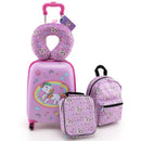 5-piece kids luggage set in pink includes suitcase, backpack, lunch bag, neck pillow, and name tag for stylish travel.