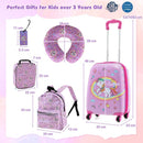 5-piece kids luggage set in pink includes suitcase, backpack, neck pillow, and lunch bag for stylish travel convenience.