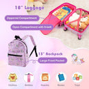 18" pink kids luggage set with backpack, lunch bag, and neck pillow, perfect for travel with clothes, snacks, and toys.