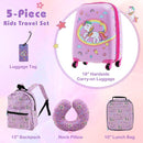 5-piece kids luggage set in pink includes 18" suitcase, 13" backpack, neck pillow, and lunch bag for travel convenience.